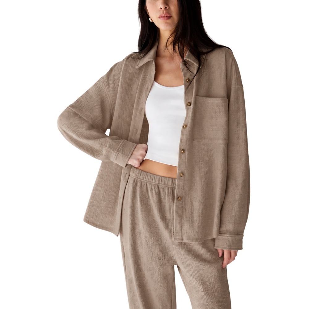 Oak + Fort Shacket Womens Medium Taupe Oversized Textured Button Down Shirt